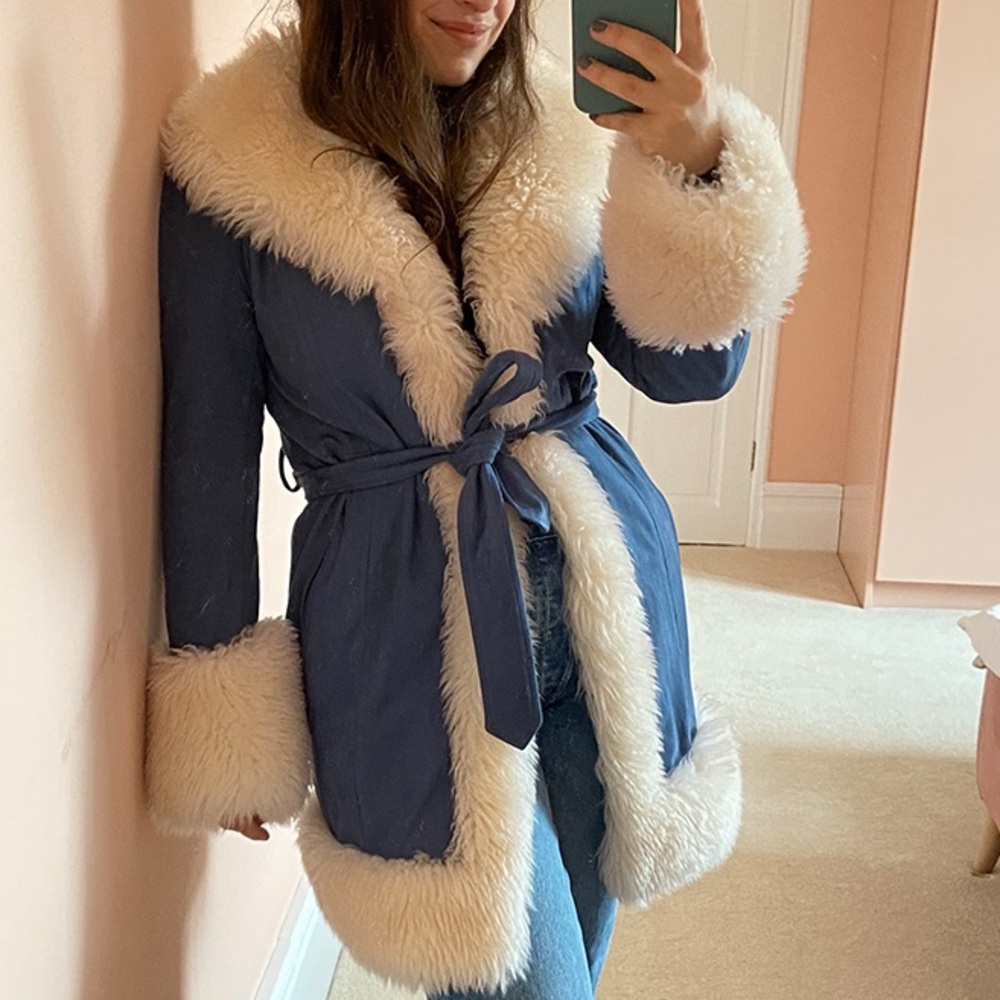 Charlotte Simone Blue coat with Cream Faux Fur Trim
